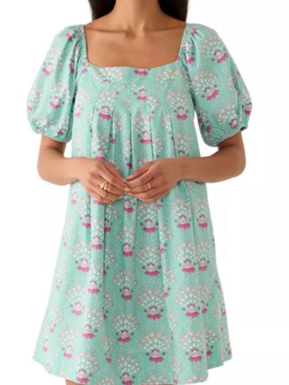 crown & ivy Mint Green Floral Puff-Sleeve Dress with Pink Accents